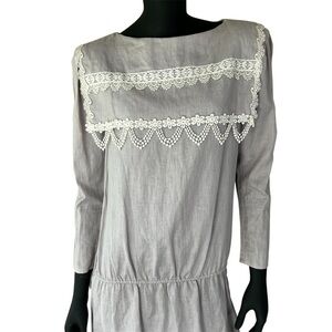 Vintage Gunne Sax Dress Linen Sailor Collar White Lace Garden Tea Party RARE